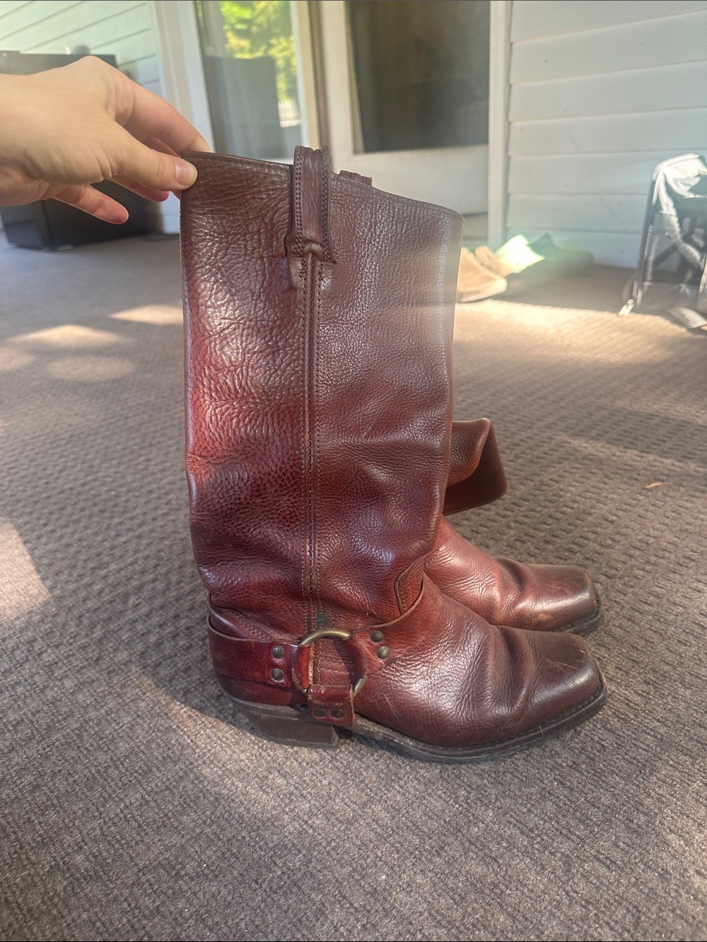 Frye 12R Brown Leather Mid-Calf Harness Heeled Boots